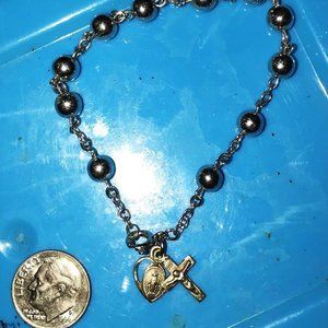 Vintage Sterling Silver Rosary Bracelet w/ Crucifix & Miraculous Medal